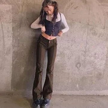 HBER Low Rise Flare Pants for Women Bell Bottom Brown Bootcut Leggings Y2k