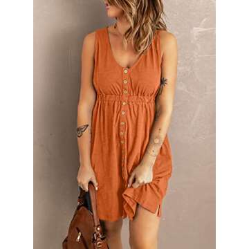 BLENCOT Women's Casual Sleeveless T-Shirt Dresses Summer V Neck Button Down Swing Short Dress Orange...