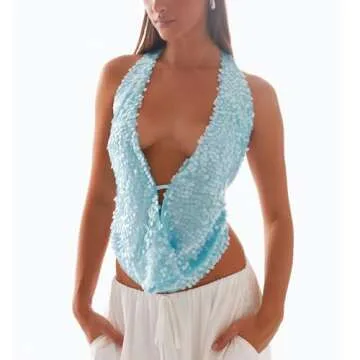 Keliholiyu Women Sparkly Sequins Tank Tops Y2k Glitter Backless Halter Neck Vests Summer Sleeveless ...