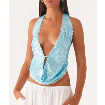 Keliholiyu Sparkly Sequins Tank Top for Trendy Style