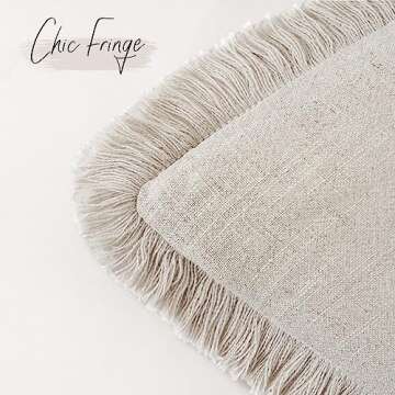 Foindtower Decorative Linen Fringe Throw Pillow Covers Cozy Boho Farmhouse Cushion Cover with Tassels Soft Accent Pillowcase for Chair Sofa Bed Living Room Home Decor, 16×16 Inch, 1PC, Natural Beige