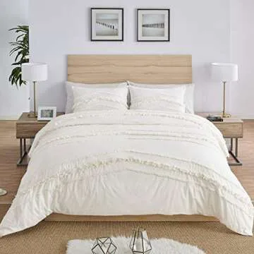 Bohemian Boho Chic Ivory Macrame Tufted Tassel 2 pc. Twin / Twin XL Size Bed Bedding Set Duvet Comforter Cover / Sham Solid Cream Textured Minimalist Off White Cotton Fringe Farmhouse Indie Dorm Teen