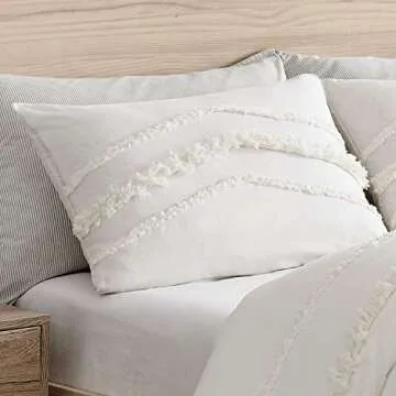 Bohemian Boho Chic Ivory Macrame Tufted Tassel 2 pc. Twin / Twin XL Size Bed Bedding Set Duvet Comforter Cover / Sham Solid Cream Textured Minimalist Off White Cotton Fringe Farmhouse Indie Dorm Teen
