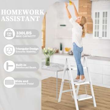 HBTower Step Ladder 3 Step Folding, Small Step Stool for Adults, Closet Step Stool Lightweight Kitchen Ladder 3 Step Ladder with Anti-Slip Wide Pedals, White
