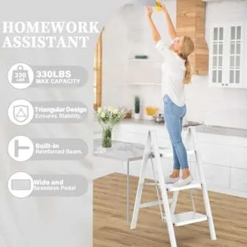 HBTower Step Ladder 3 Step Folding, Small Step Stool for Adults, Closet Step Stool Lightweight Kitchen Ladder 3 Step Ladder with Anti-Slip Wide Pedals, White
