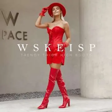 WSKEISP Red Boots for Women Thigh High Boots Red Gogo Boots Leather Boots Over The Knee High Boots 70s Pointed Toe Sexy Dress Boots Long Red Boots Tall Boots Chunky Boots for Women