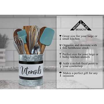 Home Acre Designs Kitchen Utensil Holder - Farmhouse Crock for Countertop Utensils, Black & White