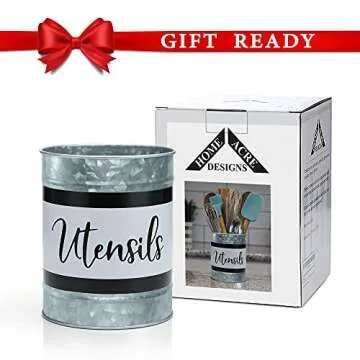 Home Acre Designs Kitchen Utensil Holder - Farmhouse Crock for Countertop Utensils, Black & White