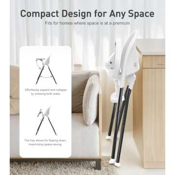 HAN-MM Foldable High Chair, One Click fold,Save Space, Detachable Double Tray, Infant Chair, Car Traveling, 3 in 1 Convertible, 3-Point Harness, Adjustable Footrest, Non-Slip Feet, Adjustable Legs