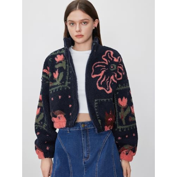 CIDER Sherpa Jacket Women Fleece Jacket Turtle Neck Floral Cropped Graphic Zipper Jacket for Winter: Dark Navy, L