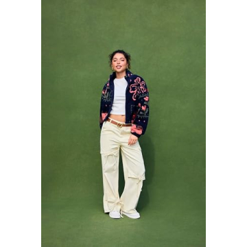 CIDER Sherpa Jacket Women Fleece Jacket Turtle Neck Floral Cropped Graphic Zipper Jacket for Winter: Dark Navy, L