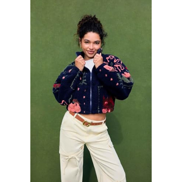 CIDER Sherpa Jacket Women Fleece Jacket Turtle Neck Floral Cropped Graphic Zipper Jacket for Winter: Dark Navy, L