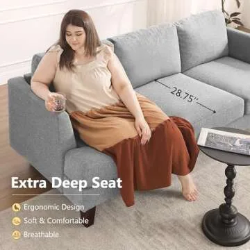 Busaurus 3 Seater Sofa Couch with Deep Seats, 89" Mid Century Modern Upholstered Sofa with Armrests, Comfy Couches for Living Room, Bedroom, Apartment and Office (Grey)