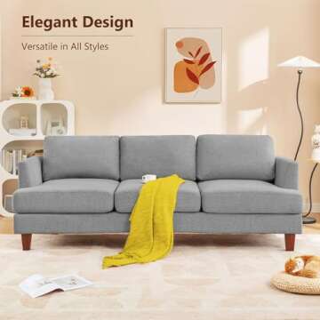 Busaurus 3 Seater Sofa Couch with Deep Seats, 89" Mid Century Modern Upholstered Sofa with Armrests, Comfy Couches for Living Room, Bedroom, Apartment and Office (Grey)