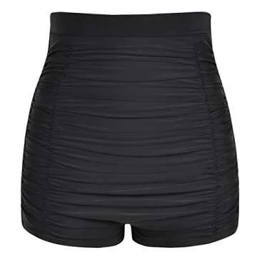 Hilor Women's Retro Ultra High Waisted Swim Bottom Boy Leg Tankini Shorts Ruched Swimwear Briefs Bla...