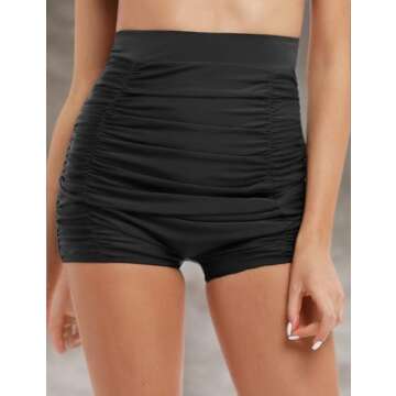 Hilor Women's Retro Ultra High Waisted Swim Bottom Boy Leg Tankini Shorts Ruched Swimwear Briefs Black 8