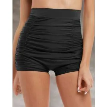 Hilor Women's Retro Ultra High Waisted Swim Bottom Boy Leg Tankini Shorts Ruched Swimwear Briefs Black 8