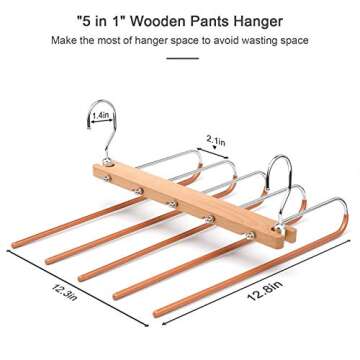BILLKAQ Magic Pants Hangers, Space Saving Closet Hangers 5 Layers 2 Uses Multi Functional Pants Rack | Solid Metal & Wood Heavy Duty Wardrobe Organizer Racks for Clothes Trousers Ties(2 Pack)