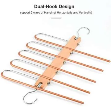 BILLKAQ Magic Pants Hangers, Space Saving Closet Hangers 5 Layers 2 Uses Multi Functional Pants Rack | Solid Metal & Wood Heavy Duty Wardrobe Organizer Racks for Clothes Trousers Ties(2 Pack)