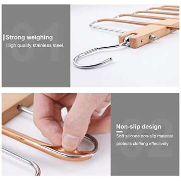 BILLKAQ Magic Pants Hangers, Space Saving Closet Hangers 5 Layers 2 Uses Multi Functional Pants Rack | Solid Metal & Wood Heavy Duty Wardrobe Organizer Racks for Clothes Trousers Ties(2 Pack)