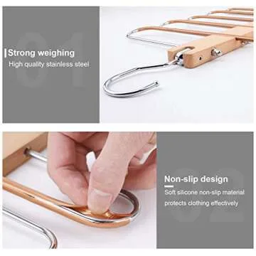 BILLKAQ Magic Pants Hangers, Space Saving Closet Hangers 5 Layers 2 Uses Multi Functional Pants Rack | Solid Metal & Wood Heavy Duty Wardrobe Organizer Racks for Clothes Trousers Ties(2 Pack)