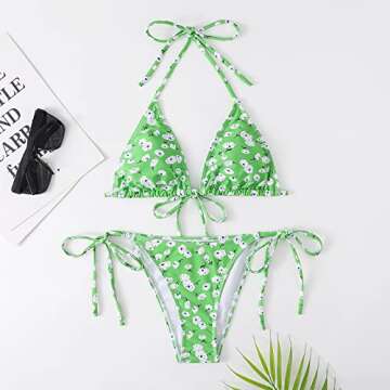 ZFCGEE Womens Two Piece Floral Print Bikini Set, Halter Bikini Top Triangle Tie Side Bathing Suits Swimwear (M, Green)