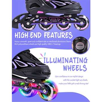 2PM SPORTS Vinal Girls Adjustable Inline Skates with Light up Wheels Beginner Skates Fun Illuminating Roller Skates for Kids Boys and Ladies… (Violet & Magenta, Large - Youth (4Y-7Y US))