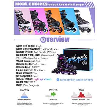 2PM SPORTS Vinal Girls Adjustable Inline Skates with Light up Wheels Beginner Skates Fun Illuminating Roller Skates for Kids Boys and Ladies… (Violet & Magenta, Large - Youth (4Y-7Y US))