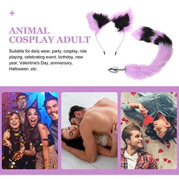 Abaodam Fox Headband Ears and Tail Animal Costume Set Hair Clip Headdress for Halloween Valentines Day Cosplay Dress Up Costume Birthday Performance Purple Black