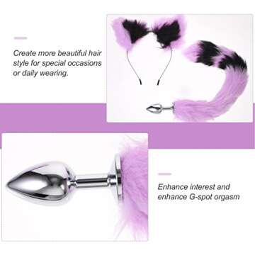 Abaodam Fox Headband Ears and Tail Animal Costume Set Hair Clip Headdress for Halloween Valentines Day Cosplay Dress Up Costume Birthday Performance Purple Black