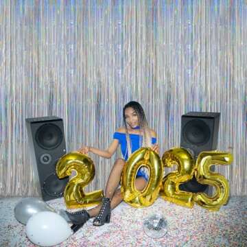 Melsan Foil Curtain, 2 Pack 3.2 ft x 8.2 ft Tinsel Foil Fringe Curtains Backdrop, Sparkle Metallic Foil Curtains for New Years Eve Party Decorations 2025, Silver Tinsel Backdrop