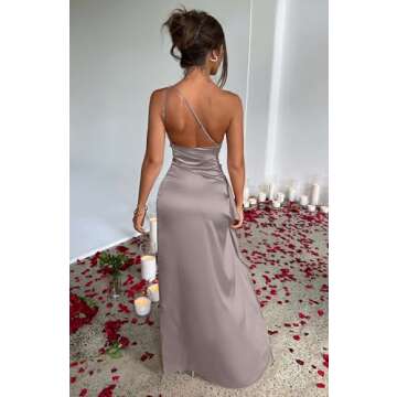 Memoriesea Women's Sexy One Shoulder Satin High Split Cocktail Wedding Party Maxi Dress Shallow Apricot