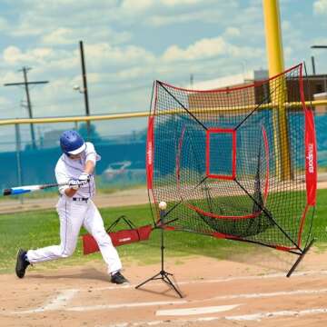 ZENY 7'×7' Baseball Softball Practice Net w/Strike Zone Hitting Batting Catching Pitching Training Net w/Carry Bag & Metal Bow Frame, Backstop Screen Baseball Equipment Training Aids