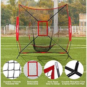 ZENY 7'×7' Baseball Softball Practice Net w/Strike Zone Hitting Batting Catching Pitching Training Net w/Carry Bag & Metal Bow Frame, Backstop Screen Baseball Equipment Training Aids