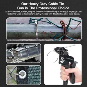 TOMSHUB Stainless Steel Cable Tie Gun with 100 Pcs 11.8 inch Metal Zip Ties Tool, Heavy Duty Self-locking Cable Tie Gun Kit for Fastening and Cutting Fence Exhaust Pipe Outdoor
