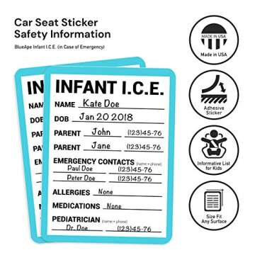 BlueApe ICE Infant Car Seats Medical Information Stickers - Emergency Stickers for Cars - Baby Monit...