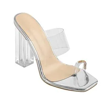 LISHAN Women's Toe Ring Chunky Heel Clear Sandals Square Toe Clear Straps Block Heel Slip On Slides Mules Silver US 13