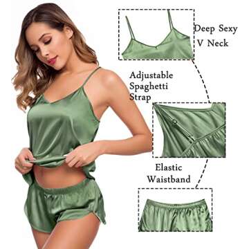 SWOMOG Womens Silk Satin Pajamas Sets 4pcs Sleepwear Sexy Cami Shorts Set and Button Down Short Sleeve Pjs Loungewear Matcha X-Small