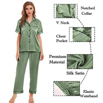 SWOMOG Womens Silk Satin Pajamas Sets 4pcs Sleepwear Sexy Cami Shorts Set and Button Down Short Sleeve Pjs Loungewear Matcha X-Small