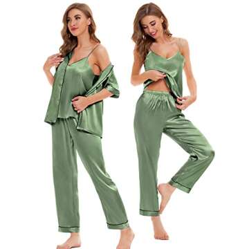 SWOMOG Womens Silk Satin Pajamas Sets 4pcs Sleepwear Sexy Cami Shorts Set and Button Down Short Sleeve Pjs Loungewear Matcha X-Small