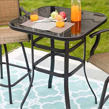 LOKATSE HOME Bar Height Counter Tall Patio Table Outdoor Bistro Glass Top All Weather Metal Frame Square Tempered Furniture, Black