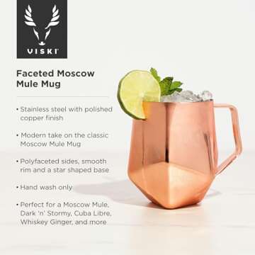 Viski Faceted Moscow Mule Mug, Copper Cocktail Glasses, Stainless Steel, Drinkware, Holds 18 oz