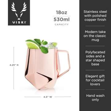 Viski Faceted Moscow Mule Mug, Copper Cocktail Glasses, Stainless Steel, Drinkware, Holds 18 oz