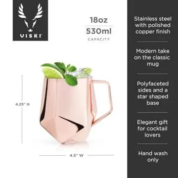 Viski Faceted Moscow Mule Mug, Copper Cocktail Glasses, Stainless Steel, Drinkware, Holds 18 oz