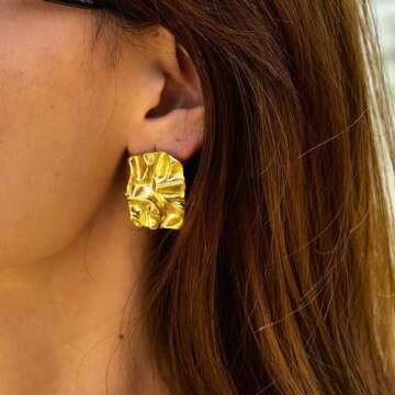 Geometric Rectangle Simple Gold Stud Earrings for Women,Irregular Hammered Chunky Statement Square E...