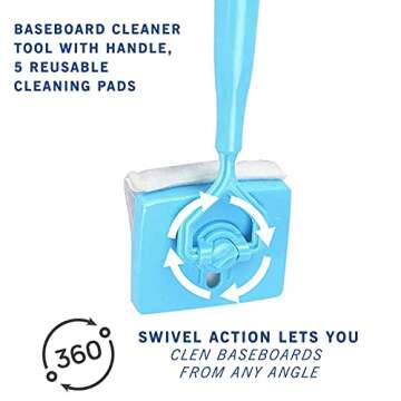KNUVSA Baseboard Cleaner Tool with Handle [in Stock US], 5 Reusable Cleaning Pads by KnUVSA, Retractable Handle, Used for Bathroom Microfiber Cleaning, Molding Cleaner Tool, 6 Piece Set