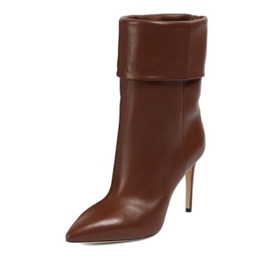 miss left Women Stylish Mid Calf Boots Closed Pointed Toe Stiletto High Heels Foldover Pull On Short...