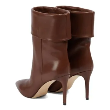 miss left Women Stylish Mid Calf Boots Closed Pointed Toe Stiletto High Heels Foldover Pull On Short Booties Trendy Cold Weather Warm Shoes Size 4 Brown