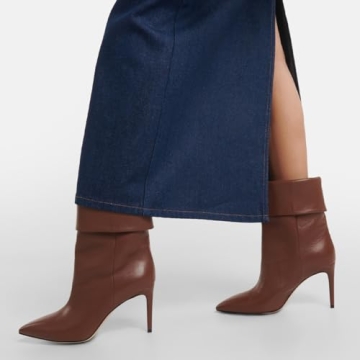 miss left Women Stylish Mid Calf Boots Closed Pointed Toe Stiletto High Heels Foldover Pull On Short Booties Trendy Cold Weather Warm Shoes Size 4 Brown