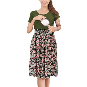 PARNIXS Women's Nursing Dress: Summer Short Sleeve Patchwork Maternity Wear with Pockets